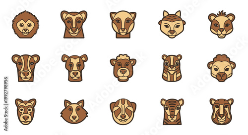 Various animal heads are shown in a grid pattern on a white background
