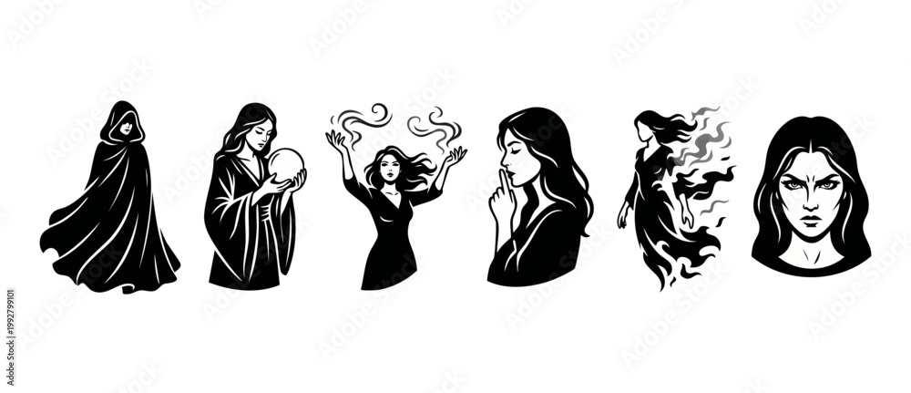 Fototapeta premium Witch silhouette collection set, fantasy sorceress icons with magic spell and crystal ball, dark mystical woman characters in flowing robes, black and white vector art design for occult or gothic them