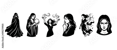 Witch silhouette collection set, fantasy sorceress icons with magic spell and crystal ball, dark mystical woman characters in flowing robes, black and white vector art design for occult or gothic them