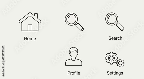 A minimalist interface features icons for home, search, profile, and settings on a simple background.