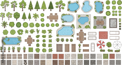 Comprehensive collection of landscape design vector elements including trees, pools, furniture, and paving textures for architectural site planning and garden layout
