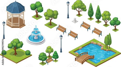 Isometric Vector Illustration Set of City Park Elements Featuring Gazebo Fountain Pond with Bridge Benches Trees and Street Lamps for Urban Map Design