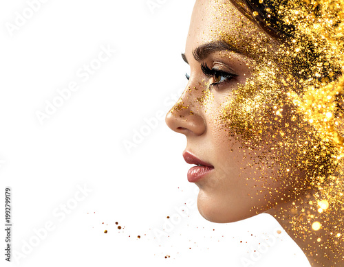 A profile portrait of a woman's face, partially obscured by shimmering golden glitter against a stark black background