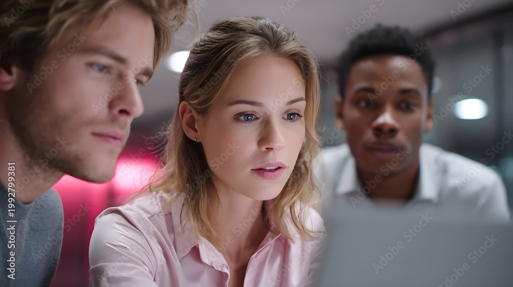 Obraz premium Diverse colleagues gathered closely around a laptop intensely focused on collaborative work in a contemporary professional setting