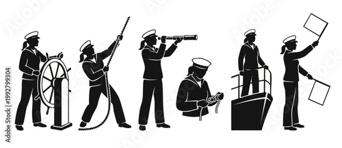 Navy Sailor Women Silhouettes Set, Marine Crew Activities, Steering Ship and Signaling, Nautical Vector Icons for Design, Professional Female Seafarer Characters in Uniform Isolated on White Backgroun