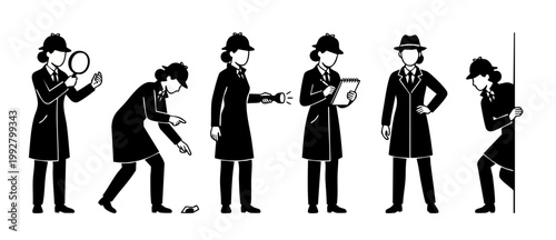 Detective woman silhouette set, female private investigator poses with magnifying glass, flashlight and notepad, crime mystery investigation characters in trench coats isolated on a white background d