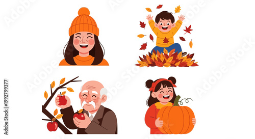 Set of autumn lifestyle illustrations featuring happy people enjoying seasonal activities like harvesting apples and playing with fallen leaves in a fun artistic style