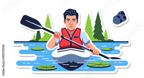 Man paddling kayak on water during summer outdoor recreation lifestyle activity with bright sunlight