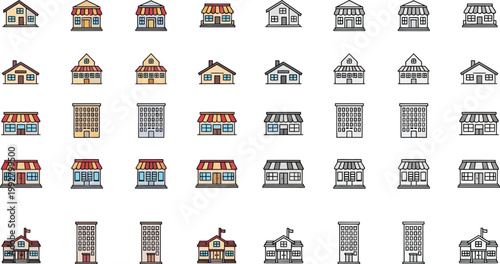 Comprehensive collection of vector building icons featuring houses shops apartments and schools in flat line art style for urban planning and web design