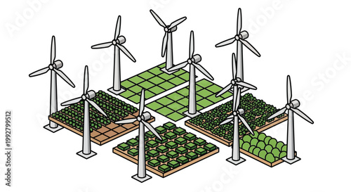 Isometric illustration of wind turbines and agricultural fields