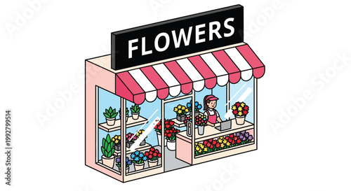 Illustration of a flower shop with a striped awning and storefront display