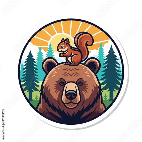 Cute cartoon squirrel sitting on a friendly brown bear head in a beautiful forest nature scene with sun light for nature logo design