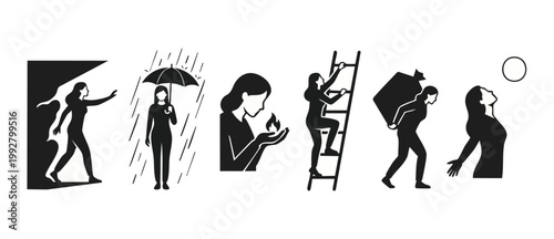 Woman Silhouette Icons Set Personal Growth Challenges and Life Journey Metaphors Featuring Climbing Ladder Carrying Burden Holding Flame and Facing Rain and Storms for Business Leadership Coaching Con