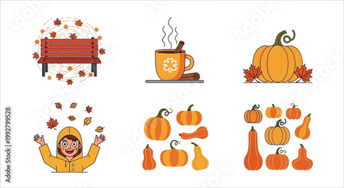 Flat design vector illustration of autumn harvest celebration featuring pumpkins and warm fall elements for lifestyle marketing design
