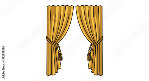 Illustration of golden yellow curtains with tiebacks and tassels