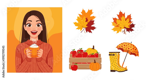 Flat design vector illustration of autumn season celebration featuring a cheerful person holding warm drink surrounded by colorful fall foliage and harvest elements