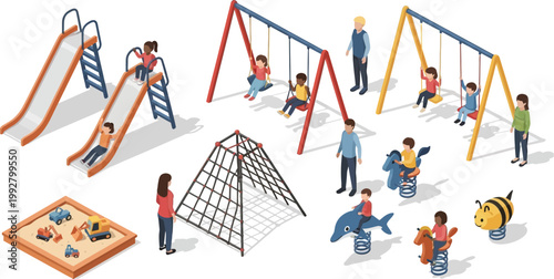 Isometric Playground Set with Diverse Children Playing on Slides Swings Climbing Frame and Spring Riders Vector Illustration