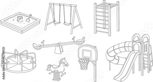 Set of Playground Equipment Line Art Icons Featuring Swings Slide Sandbox Seesaw Merry Go Round and Basketball Hoop for Kids