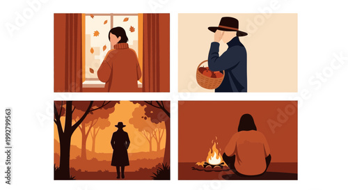 Flat design vector illustration of autumn season lifestyle people enjoying fall foliage and warm campfire moments in nature