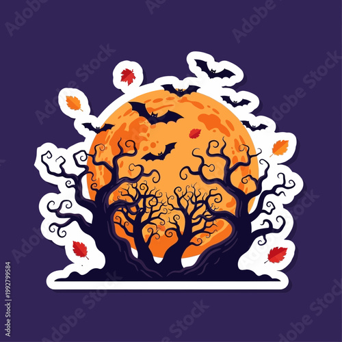 Halloween sticker design featuring a large orange moon with flying bats and autumn leaves behind dark spooky trees on a transparent background for holiday decor