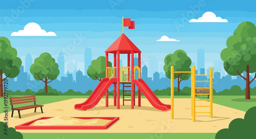 Colorful Vector Illustration of a Modern Children Playground with Slides and Climbing Frames in a Sunny City Park Setting