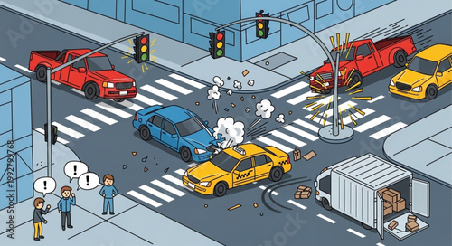 Car accident at intersection with emergency vehicles arriving.