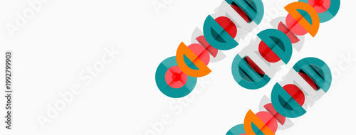 Colorful overlapping circles create dynamic pattern. Design features red, orange, teal hues on white background. Modern aesthetic.