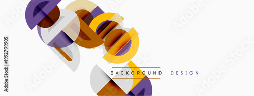 Abstract geometric shapes overlap, creating dynamic visual composition. Warm tones dominate, contrasted by cooler hues. Minimalist design.