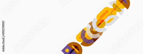 Abstract geometric shapes overlap, creating colorful design. Yellows, oranges, purples dominate white background. Modern aesthetic.