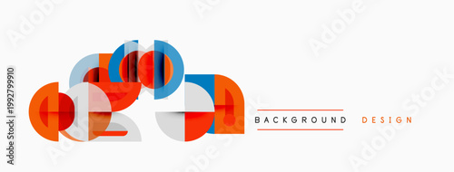 Abstract geometric shapes overlap, creating modern design. Red, blue, gray tones present clean aesthetic. Background suggests digital art.