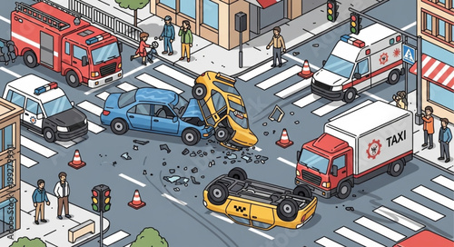 Car accident scene with emergency vehicles and pedestrians.