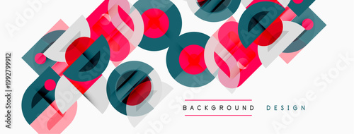 Abstract geometric shapes overlap, creating dynamic visual texture. Red, teal, gray tones dominate design. Minimalist style.