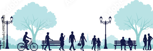 Vector Silhouette Illustration of People Walking and Cycling in a Peaceful Public Park with Street Lamps and Trees
