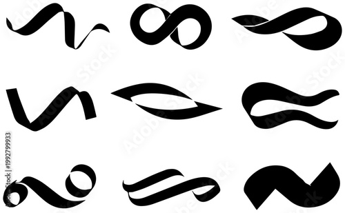 Collection of abstract black ribbon and twisted loop shapes elegant curves and fluid forms isolated on a white background representing motion elegance and design elements graphic