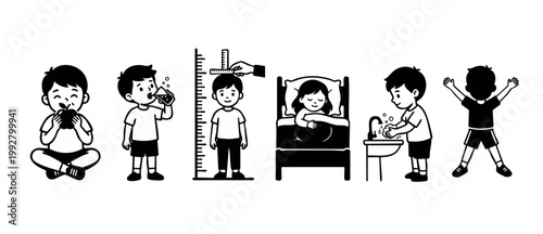 Healthy Child Daily Routine Icons, Kids Activity Growth Habits Set, Eating Apple Drinking Water Sleeping Washing Hands Playing, Vector Illustration Black and White Flat Simple Minimalist Cartoon Style