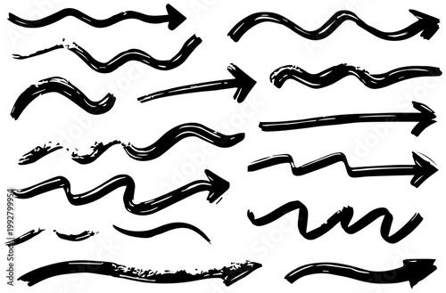 Collection of hand drawn wavy and s curve arrows in a doodle art style with a brushstroke texture symbolizing direction movement and creative flow on a clean white background