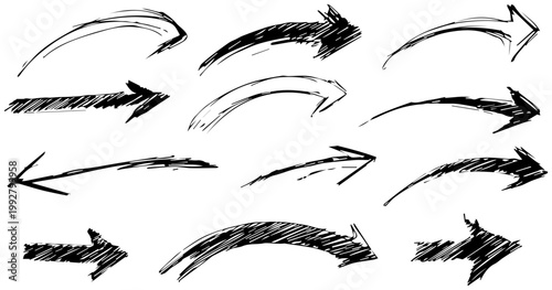 Collection of hand drawn black arrows with a sketchy marker style texture showcasing diverse curved and straight directions on a clean white background perfect