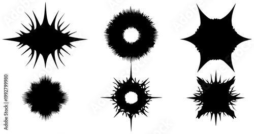 Abstract y2k tech tribal symmetrical spiky starburst shapes symbolizing futuristic energy digital chaos and raw power presented in striking black silhouettes against a clean white