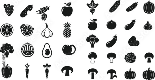 Fruits and vegetables icons set black silhouettes vector illustration healthy food collection organic nutrition grocery symbols isolated design elements pack