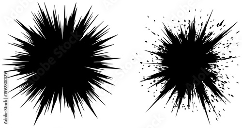 Dynamic black starburst explosions and sharp polygon burst effects isolated on white background representing energy chaos and impact for graphic design and abstract concepts