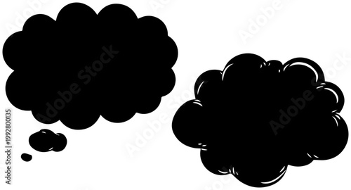 Blank black speech bubble and thought cloud silhouettes isolated on a clean white background representing communication ideas and imagination with copy space for text and design