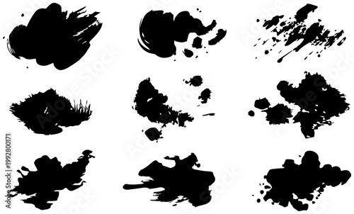 Abstract black ink splatters and brush strokes collection sumi e style organic shapes dynamic artistic elements for graphic design projects versatile backgrounds and textures