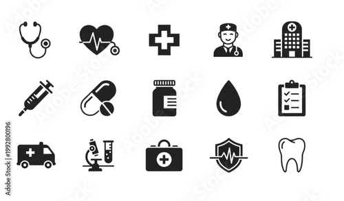 Solid health checkup icon set with medical care symbols for hospital doctor and healthcare services