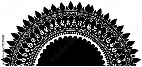 Intricate symmetrical black mandala design inspired by geometric patterns and traditional ornate motifs evoking spiritual harmony and zen meditation ideal for decorative