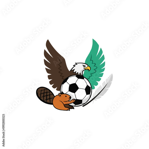 A single tileable icon featuring a soccer ball being hugged by stylized wings of an eagle, a beaver's tail, and a quetzal feather. Representing the three host nations in one unified symbol.