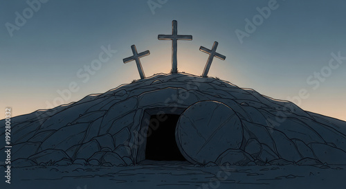 The empty tomb of Jesus Christ on a rocky hill with three crosses at sunrise symbolizing resurrection and new life.