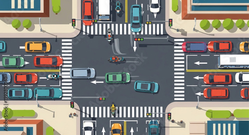 Busy City Intersection with Cars and Traffic Lights.