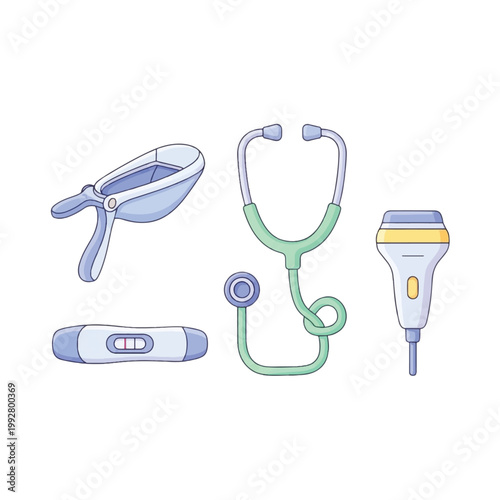 A collection of medical diagnostic tools including a speculum, stethoscope, pregnancy test, and ultrasound probe.
