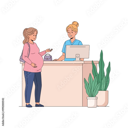 Pregnant woman checking in at a medical reception desk with a friendly female receptionist for her appointment.