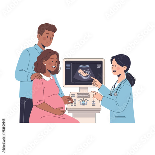 A pregnant woman and her partner receiving an ultrasound examination from a female doctor, viewing their baby on the screen.